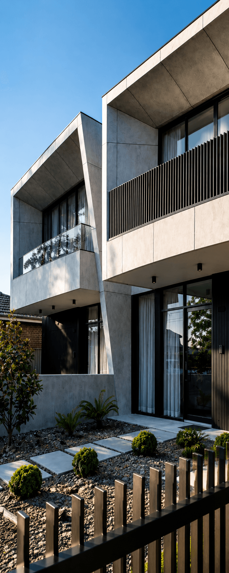 Contemporary Sydney duplex with custom black slat fencing, glass balcony and metal cladding