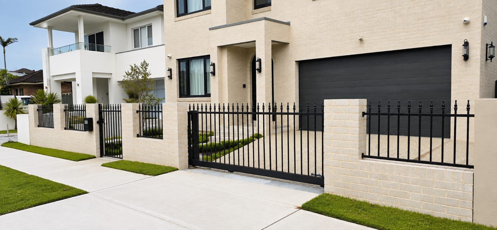 Black metal sliding driveway gate and matching pedestrian gate with brick pillars