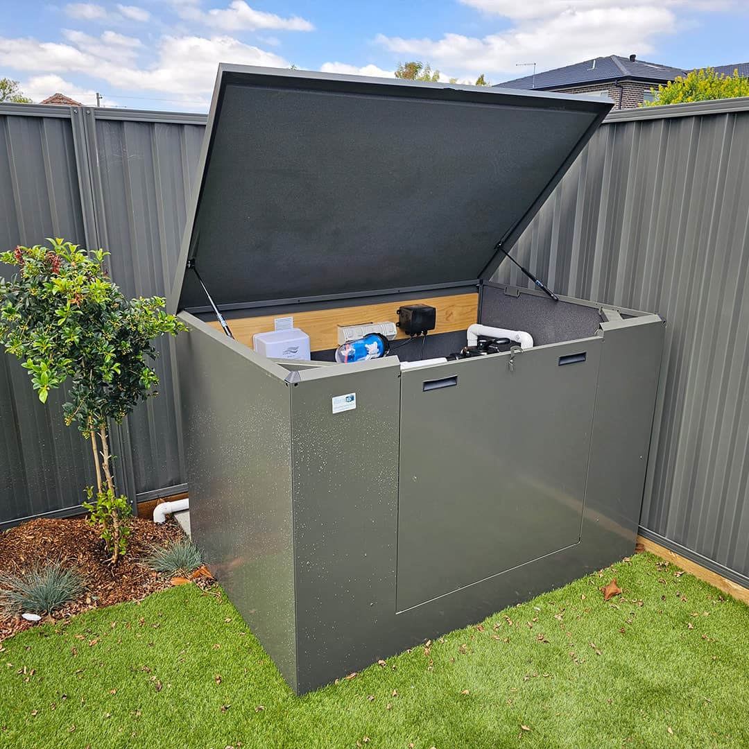 Custom powder-coated metal pool equipment enclosure with hinged lid and access panel