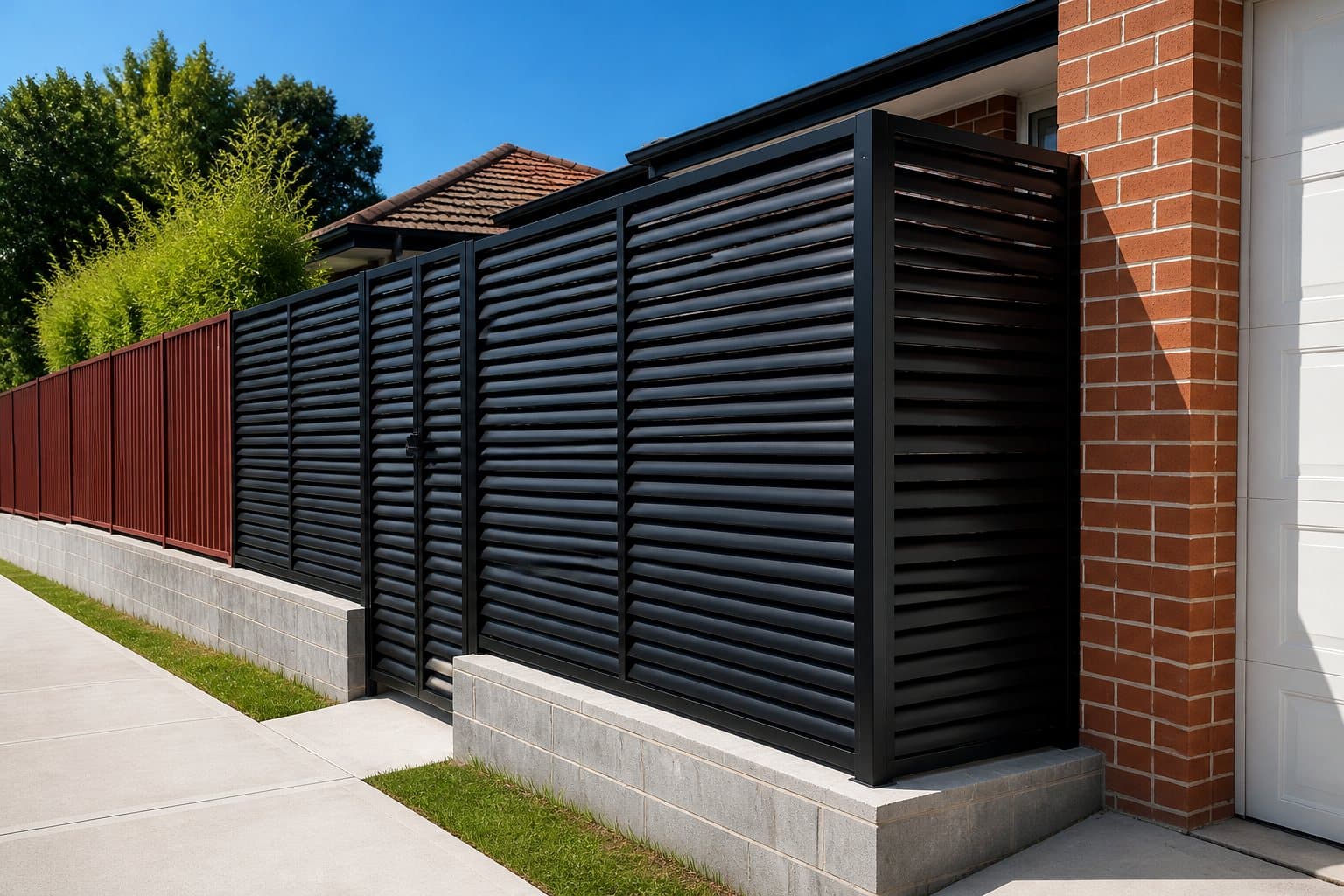 Black louvered privacy screen and pedestrian gate along a residential driveway